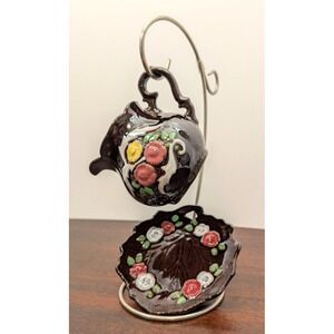 Vintage Occupied Japan Brown Floral Creamer & Saucer Set Hand Painted Pottery